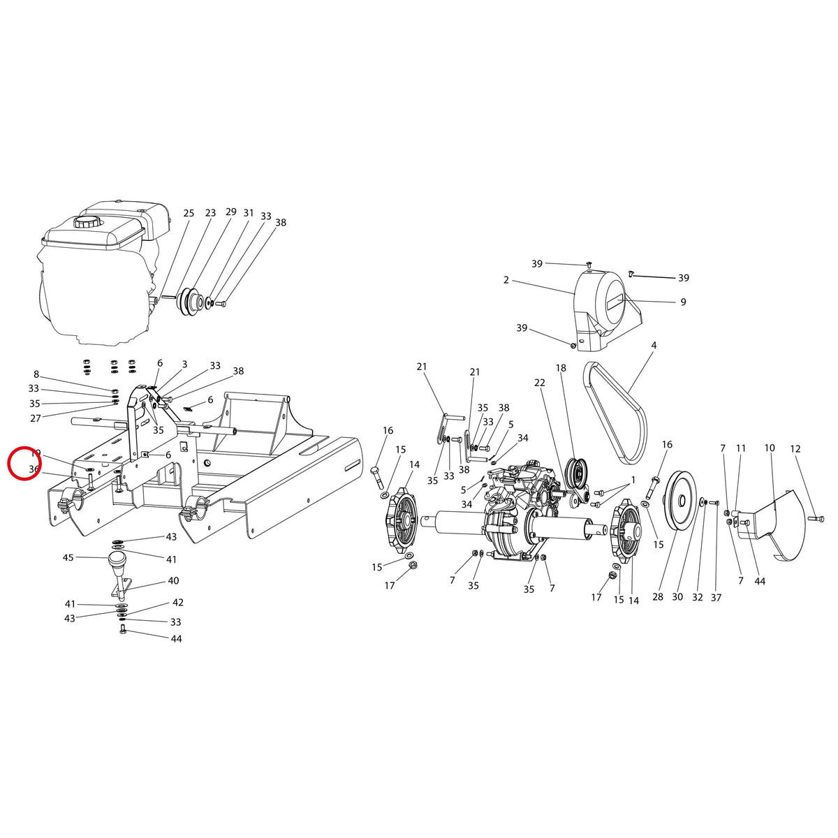 Esploso «Motore E trasmissione» del minitransporter Ibea IBT-351, con la posizione 36 del ricambio P1010492