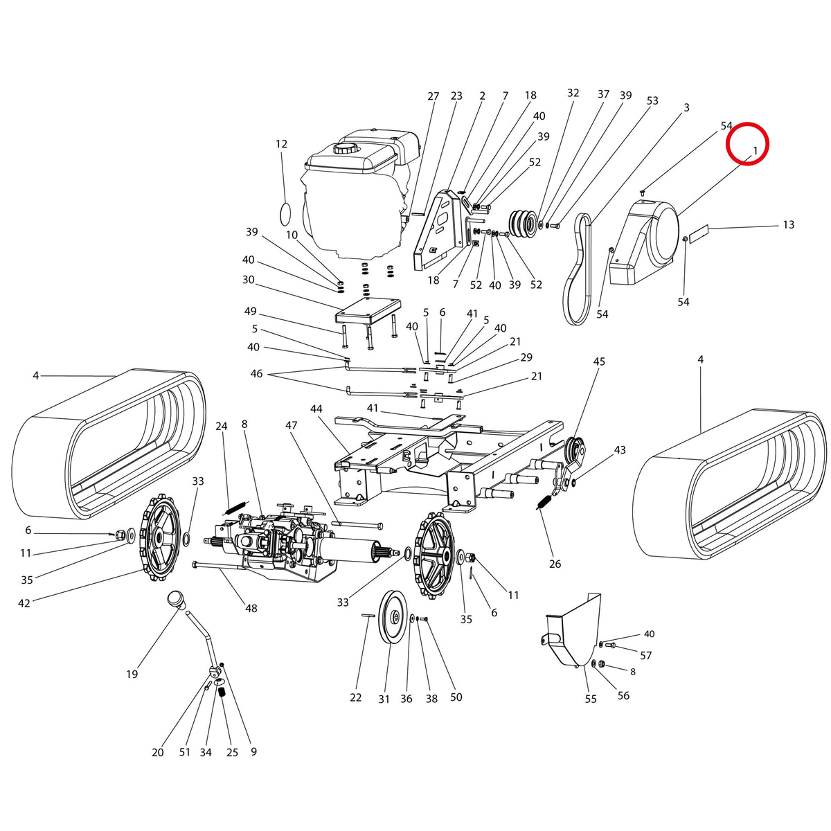 Esploso «Motore E trasmissione» del minitransporter Ibea IBT-401, con la posizione 1 del ricambio P2020559