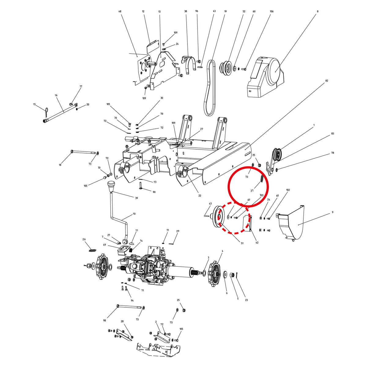 Esploso «Motore E trasmissione» del minitransporter Ibea IBT-451, con la posizione 21 del ricambio P3020142