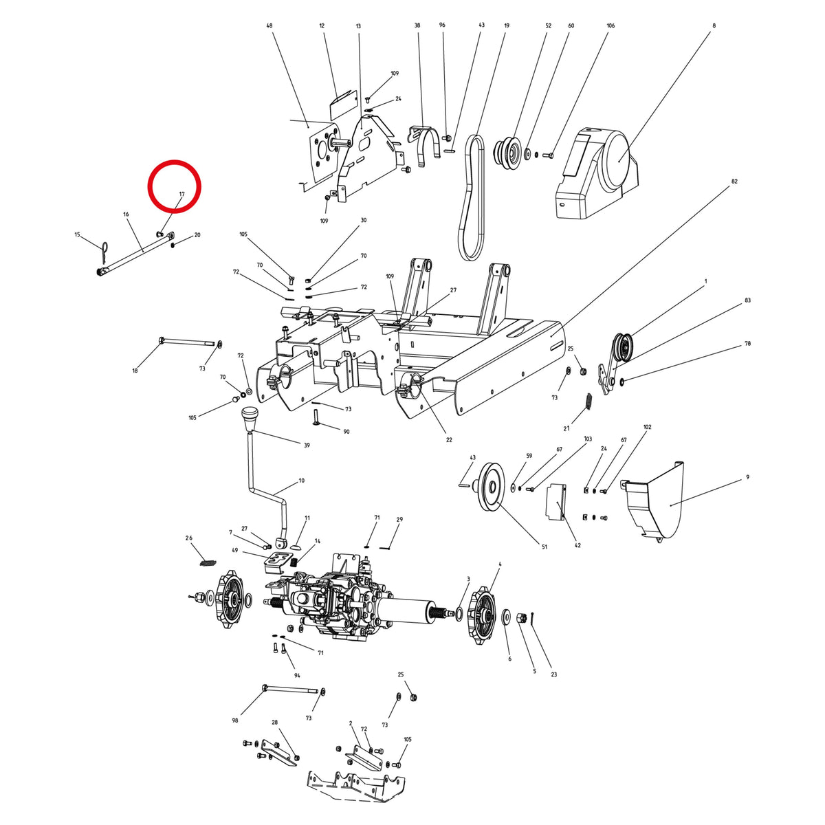 Esploso «Motore E trasmissione» del minitransporter Ibea IBT-451, con la posizione 17 del ricambio P3040496ZB