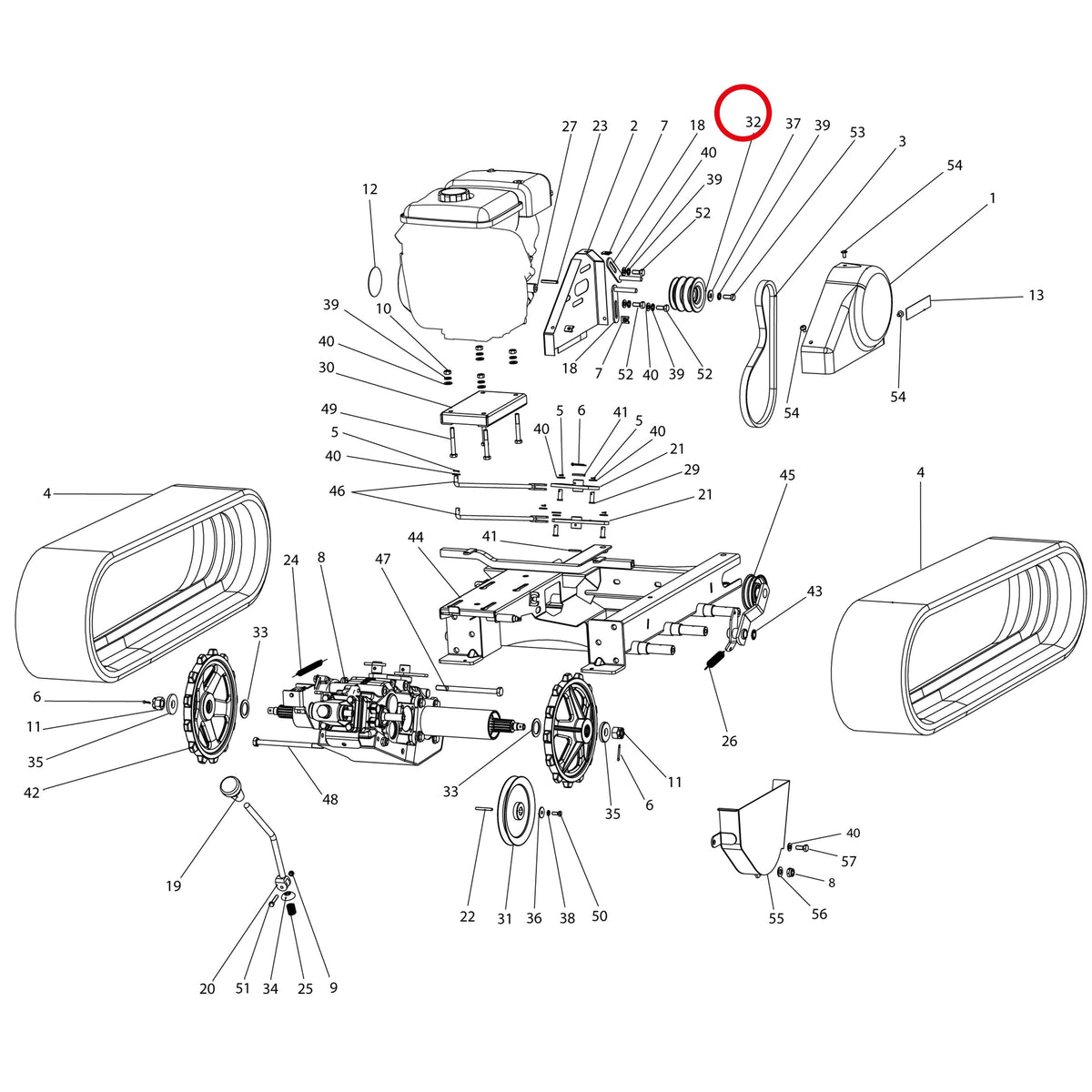 Esploso «Motore E trasmissione» del minitransporter Ibea IBT-401, con la posizione 32 del ricambio P3040819ZB