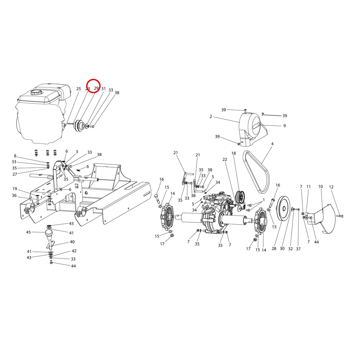 Esploso «Motore E trasmissione» del minitransporter Ibea IBT-351, con la posizione 29 del ricambio P3040933ZB