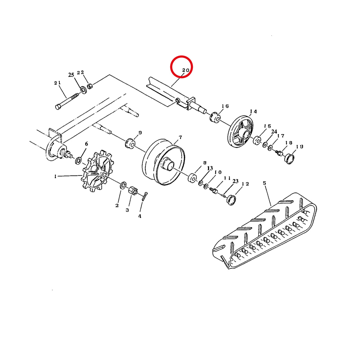 Esploso «Gruppo cingolo» del minitransporter Ibea IBT-350DH, con la posizione 20 del ricambio P3060109VE