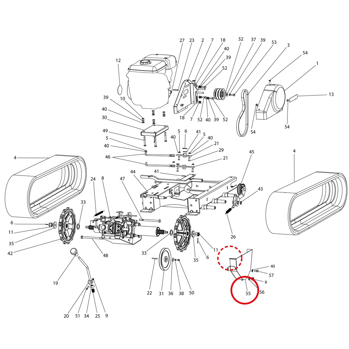 Esploso «Motore E trasmissione» del minitransporter Ibea IBT-401, con la posizione 55 del ricambio P3060466VE