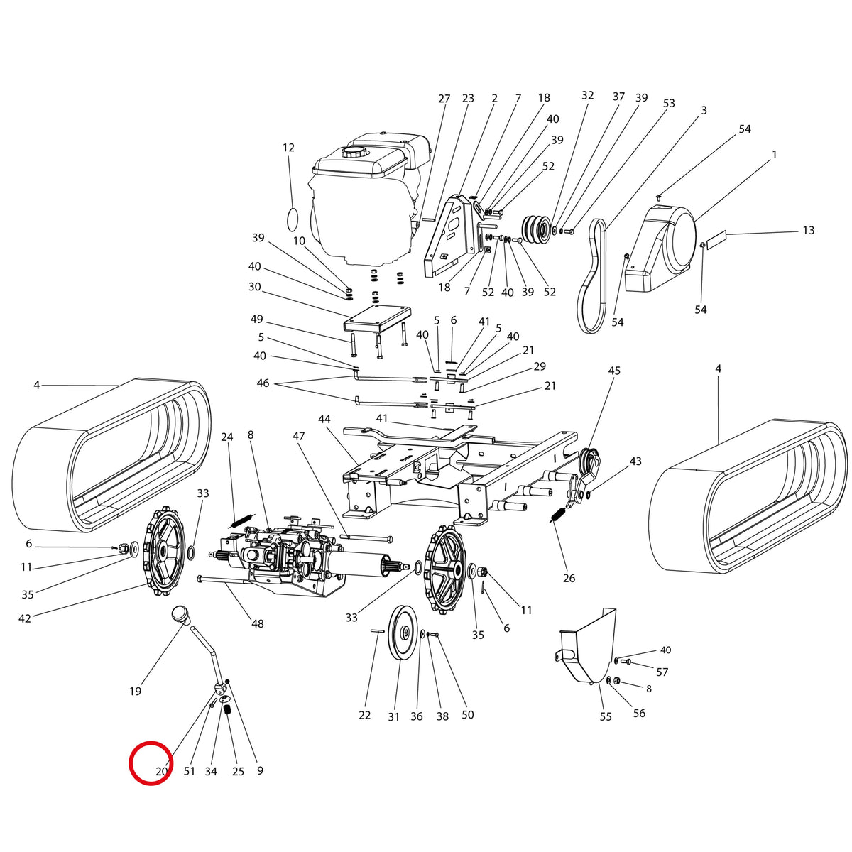 Esploso «Motore E trasmissione» del minitransporter Ibea IBT-401, con la posizione 20 del ricambio P3060478ZB