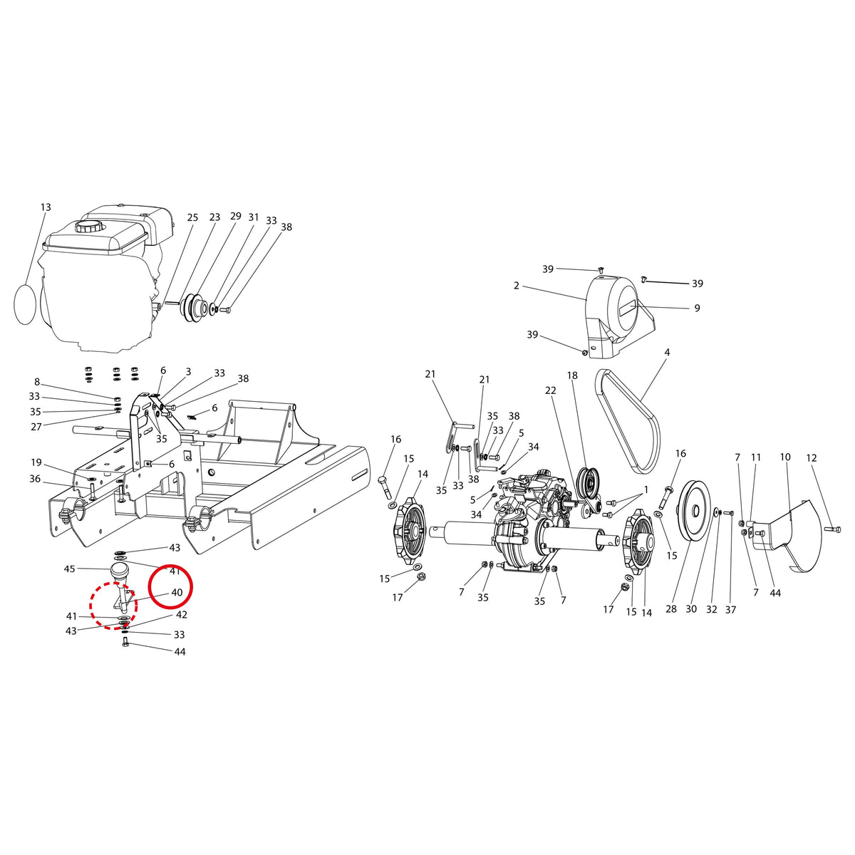 Esploso «Motore E trasmissione» del minitransporter Ibea IBT-251, con la posizione 40 del ricambio P3090180ZB
