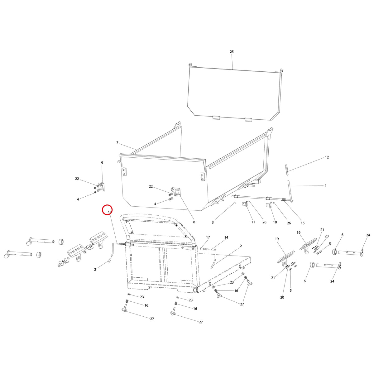 Esploso «Cassone dumper» del minitransporter Ibea IBT-351, con la posizione 13 del ricambio P3100400ZB