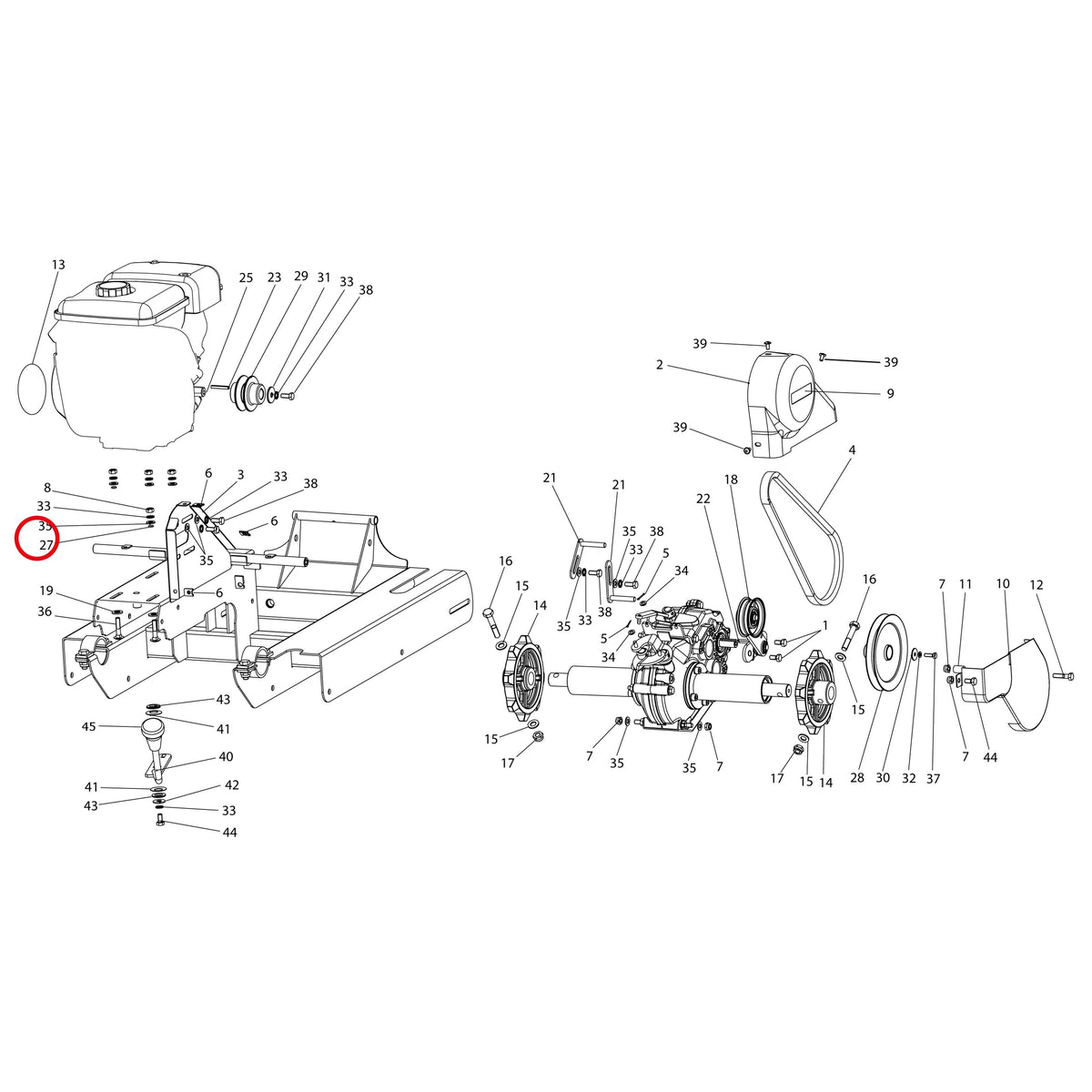 Esploso «Motore E trasmissione» del minitransporter Ibea IBT-251, con la posizione 27 del ricambio P3170061
