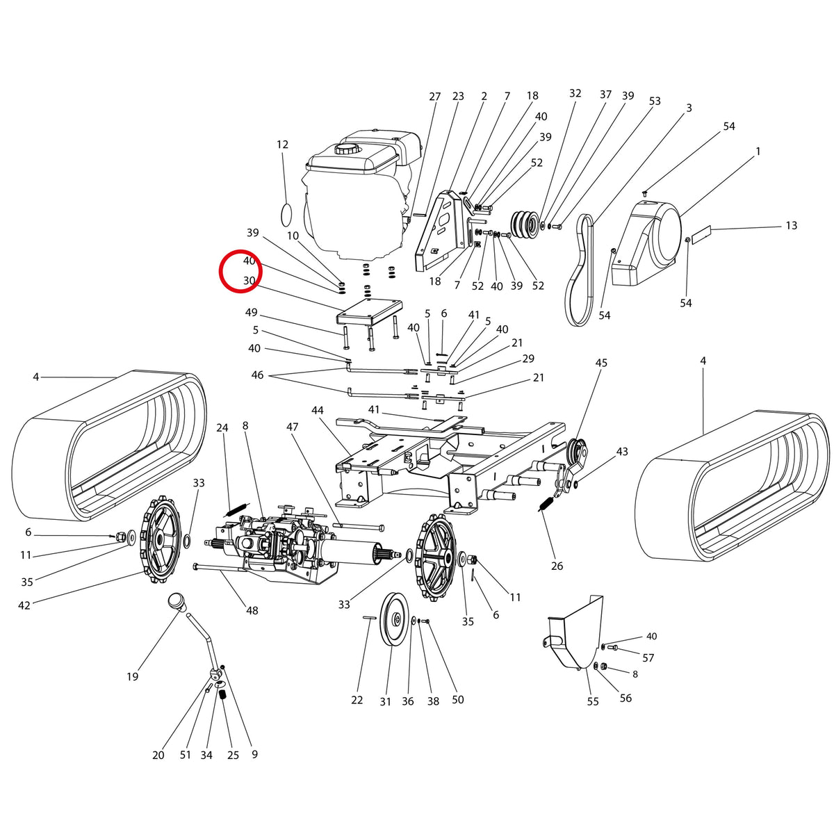 Esploso «Motore E trasmissione» del minitransporter Ibea IBT-401, con la posizione 30 del ricambio P4010395ZB