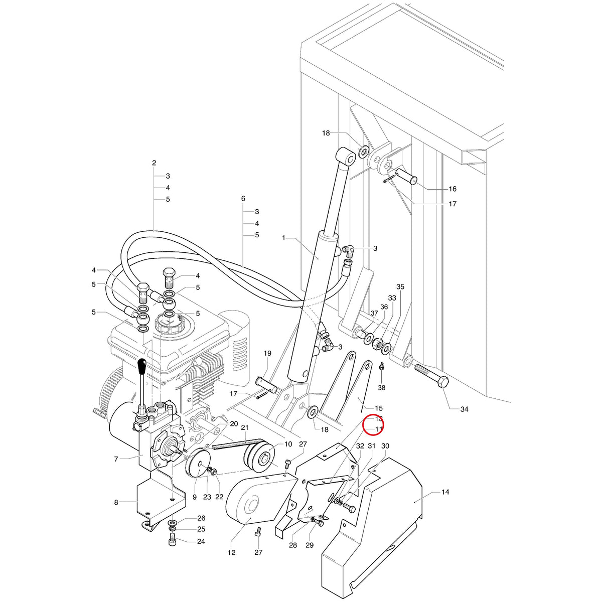 Esploso «Sistema sollevamento cassone dumper idraulico» del minitransporter Ibea IBT-350DH, con la posizione 11 del ricambio P4010444VE