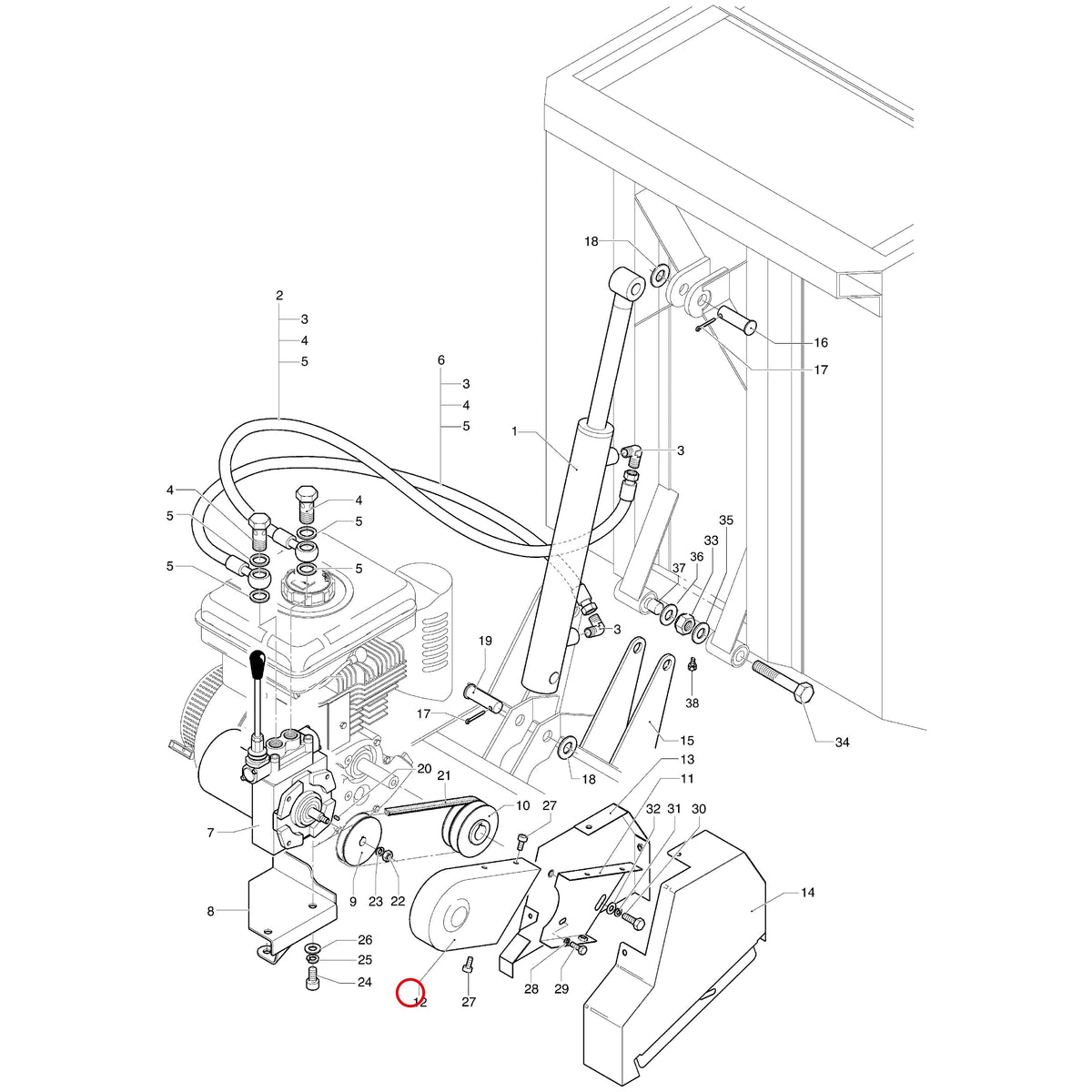 Esploso «Sistema sollevamento cassone dumper idraulico» del minitransporter Ibea IBT-350DH, con la posizione 12 del ricambio P4010446VE