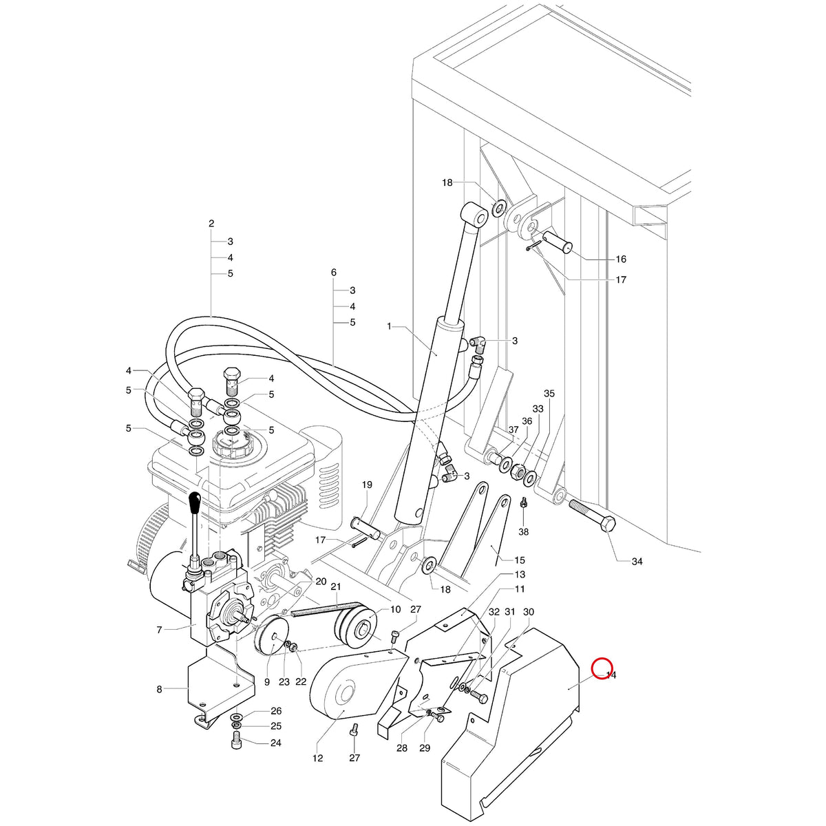 Esploso «Sistema sollevamento cassone dumper idraulico» del minitransporter Ibea IBT-350DH, con la posizione 14 del ricambio P4010447VE
