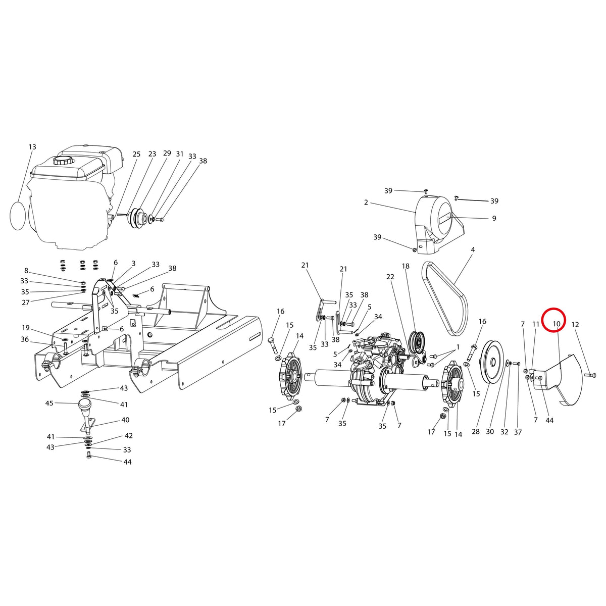 Esploso «Motore E trasmissione» del minitransporter Ibea IBT-251, con la posizione 10 del ricambio P4010943VE
