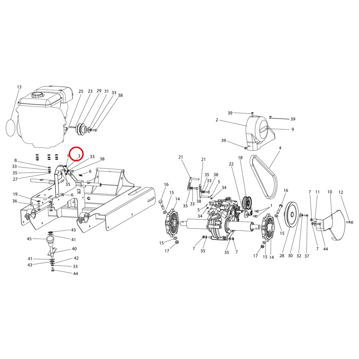 Esploso «Motore E trasmissione» del minitransporter Ibea IBT-251, con la posizione 3 del ricambio P4010944ZB