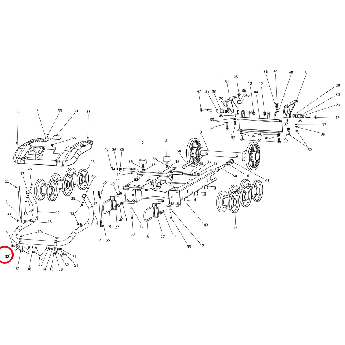 Esploso «Telaio» del minitransporter Ibea IBT-401, con la posizione 32 del ricambio P4011026ZB