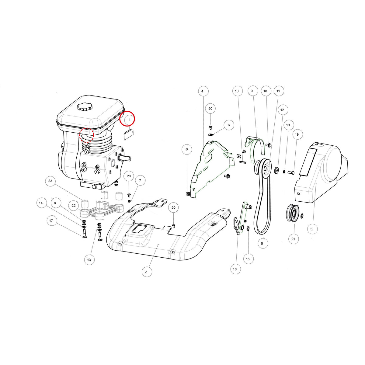 Esploso «Gruppo motore mitsubishi» del minitransporter Ibea IBT-5000DHZ, con la posizione 1 del ricambio P4011458ZB