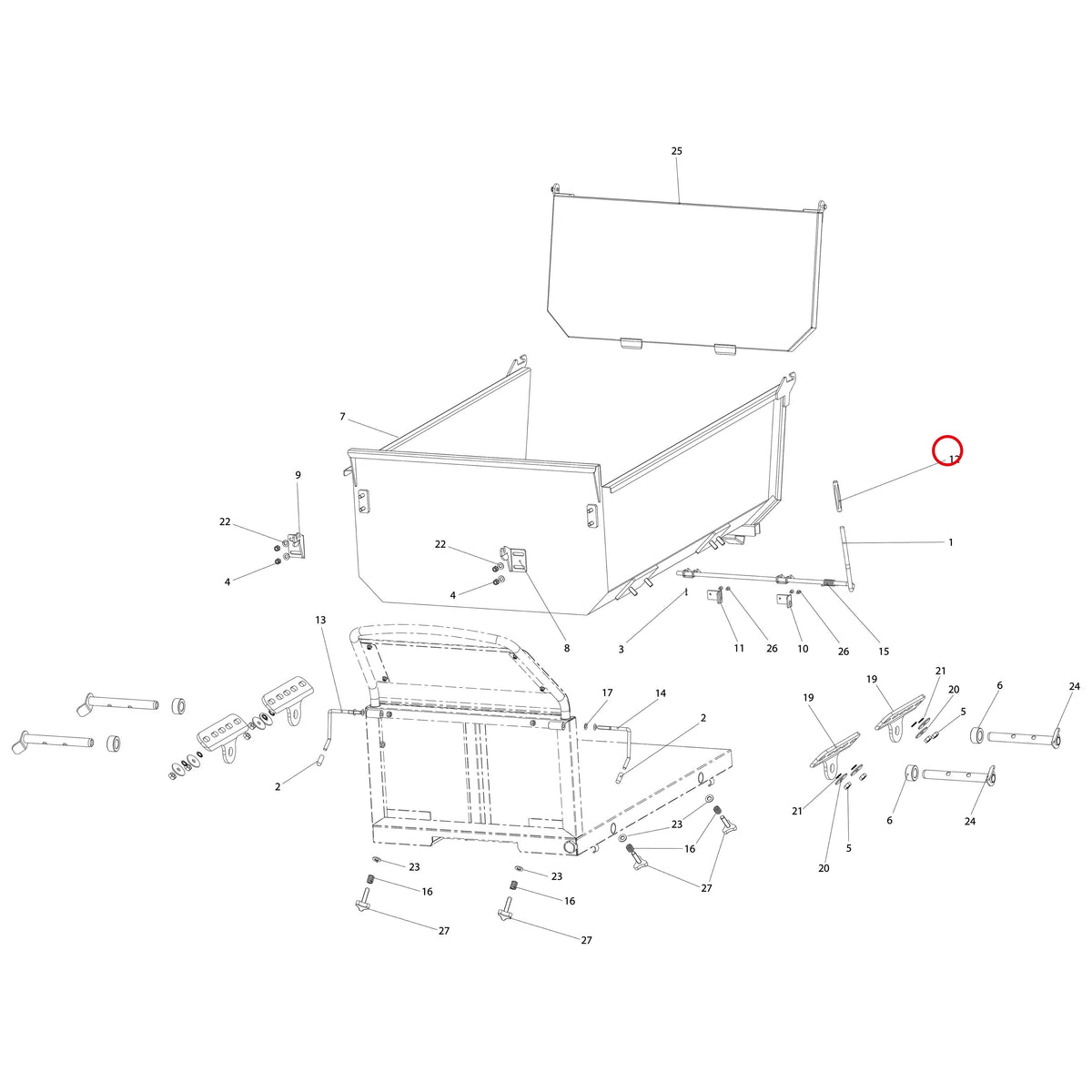 Esploso «Cassone dumper» del minitransporter Ibea IBT-351, con la posizione 12 del ricambio P5060050