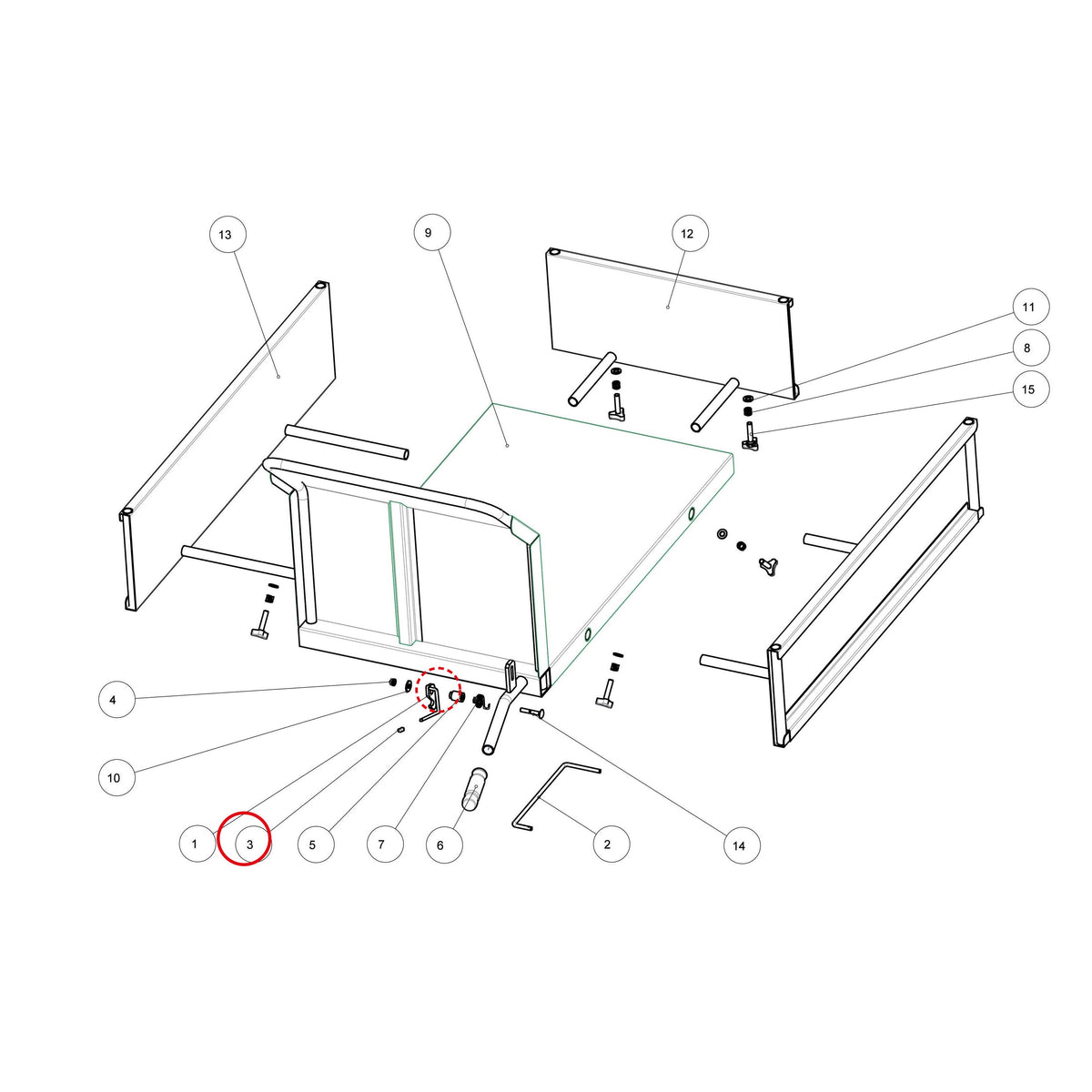 Esploso «Cassone» del minitransporter Ibea IBT-3001, con la posizione 3 del ricambio P5060055
