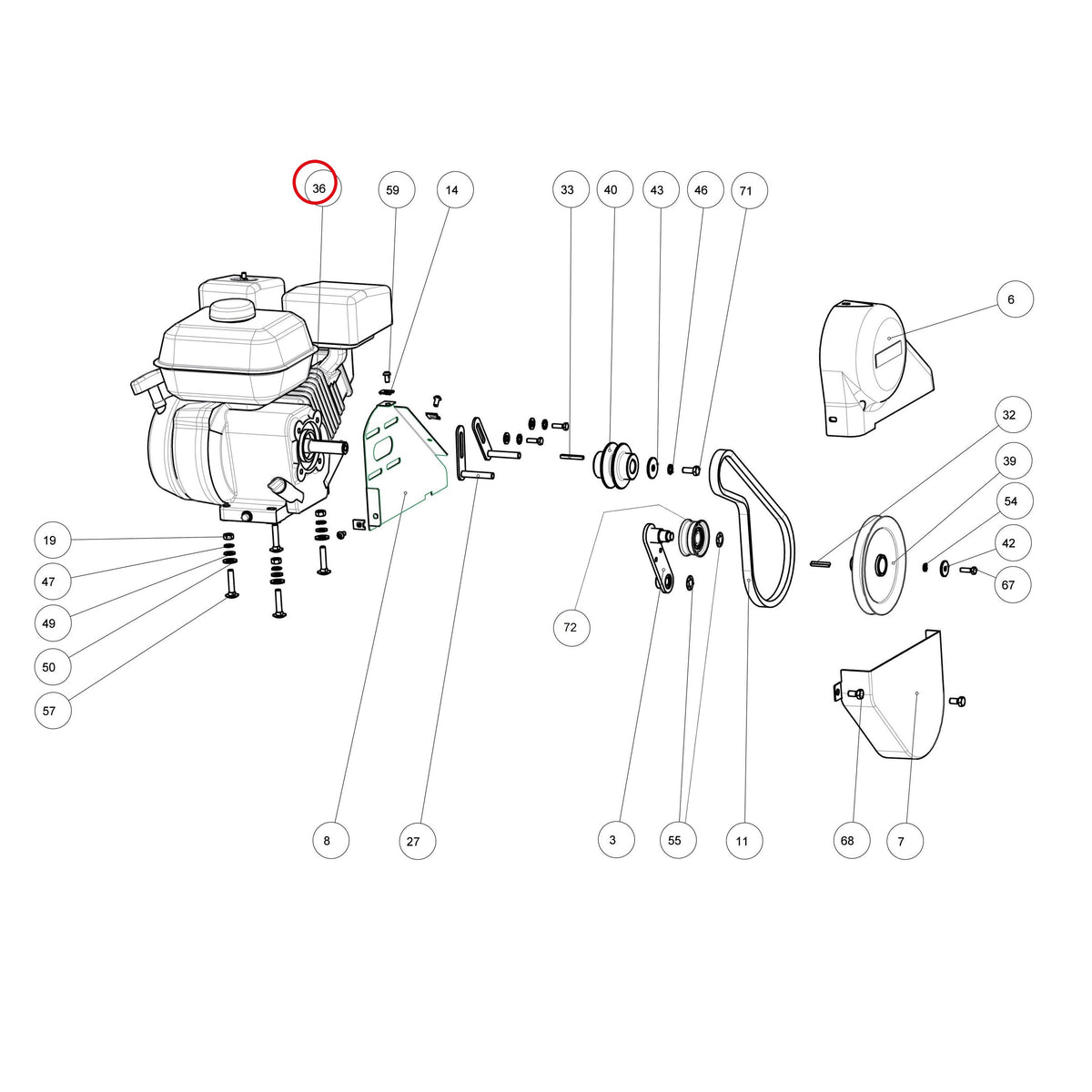 Esploso «PT30001.0.0 - gruppo motore» del minitransporter Ibea IBT-3000R, con la posizione 36 del ricambio P5120212