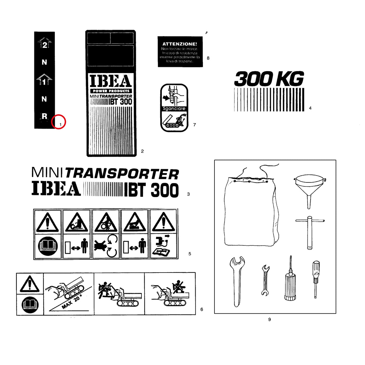 Esploso «Decalcomanie» del minitransporter Ibea IBT-300D, con la posizione 1 del ricambio P5140654