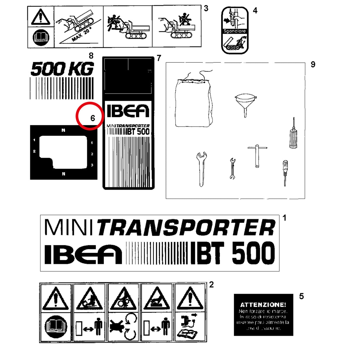 Esploso «Decalcomania» del minitransporter Ibea IBT-500RDHZ, con la posizione 6 del ricambio P5140656