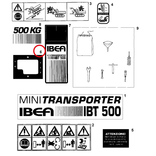 Esploso «Decalcomania» del minitransporter Ibea IBT-500RDHZ, con la posizione 6 del ricambio P5140656