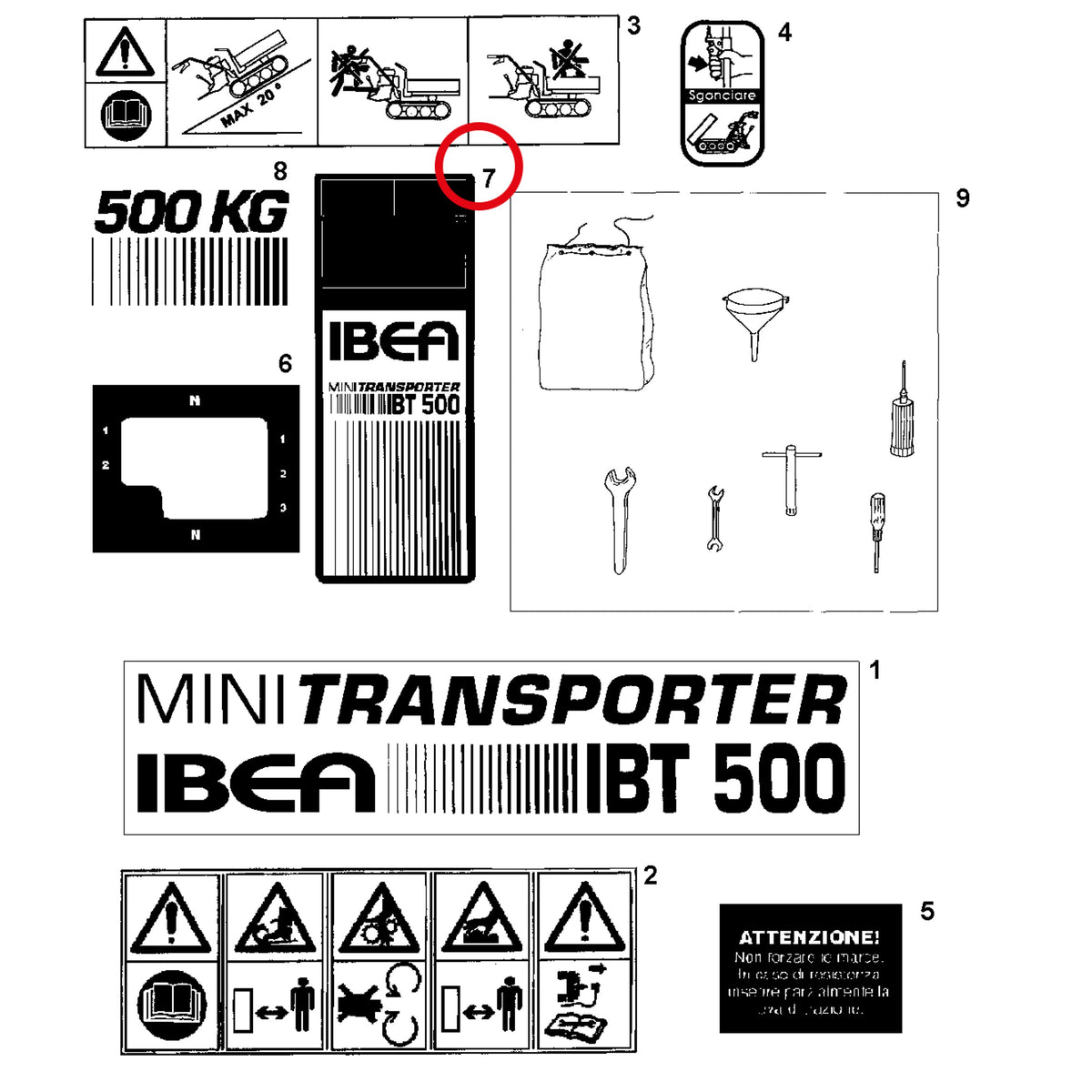 Esploso «Decalcomania» del minitransporter Ibea IBT-500RDHZ, con la posizione 7 del ricambio P5140657