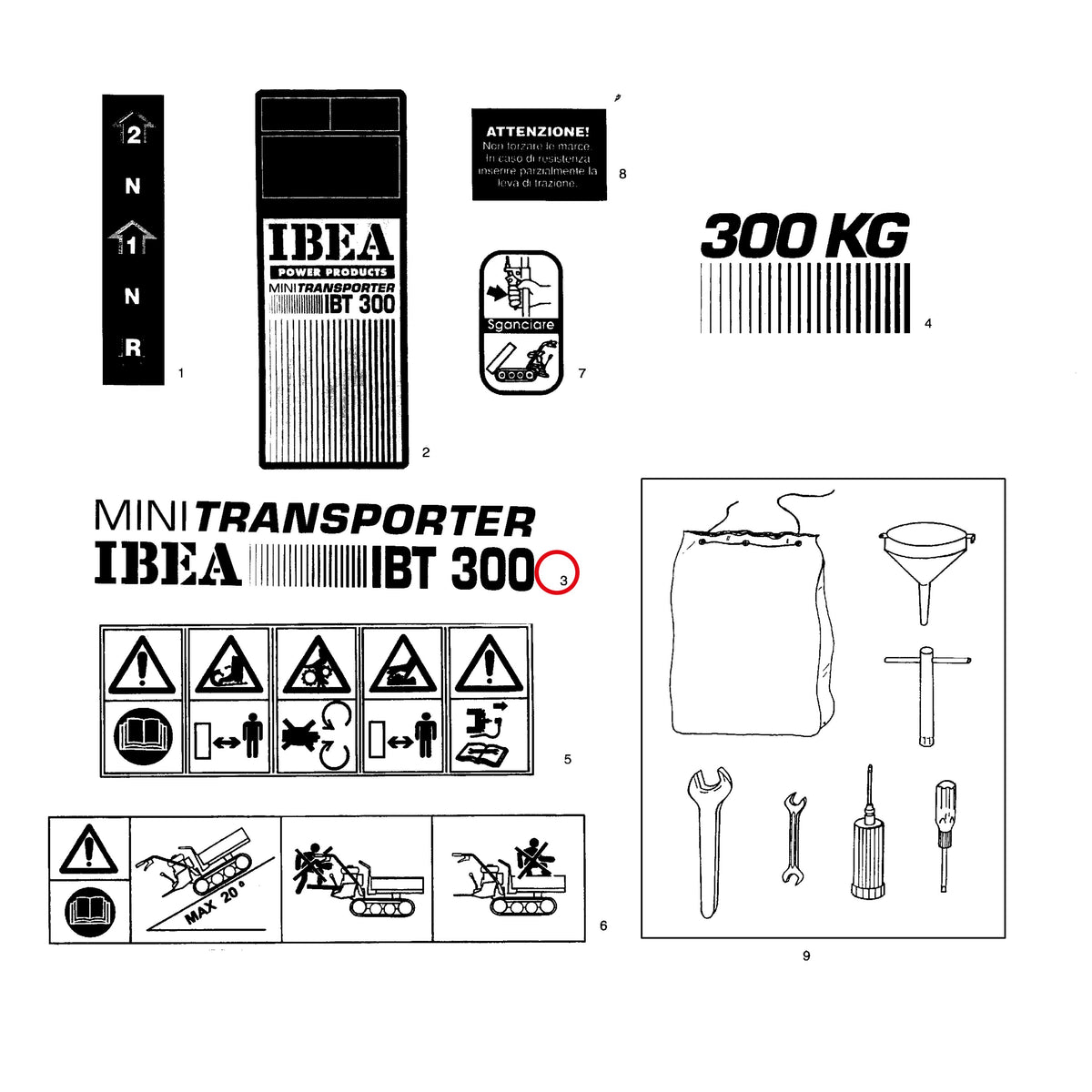 Esploso «Decalcomanie» del minitransporter Ibea IBT-300D, con la posizione 3 del ricambio P5140658