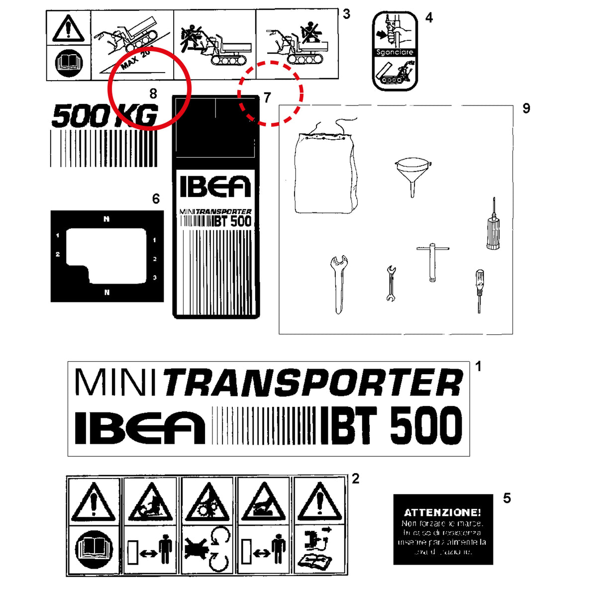 Esploso «Decalcomania» del minitransporter Ibea IBT-500RDHZ, con la posizione 8 del ricambio P5140659