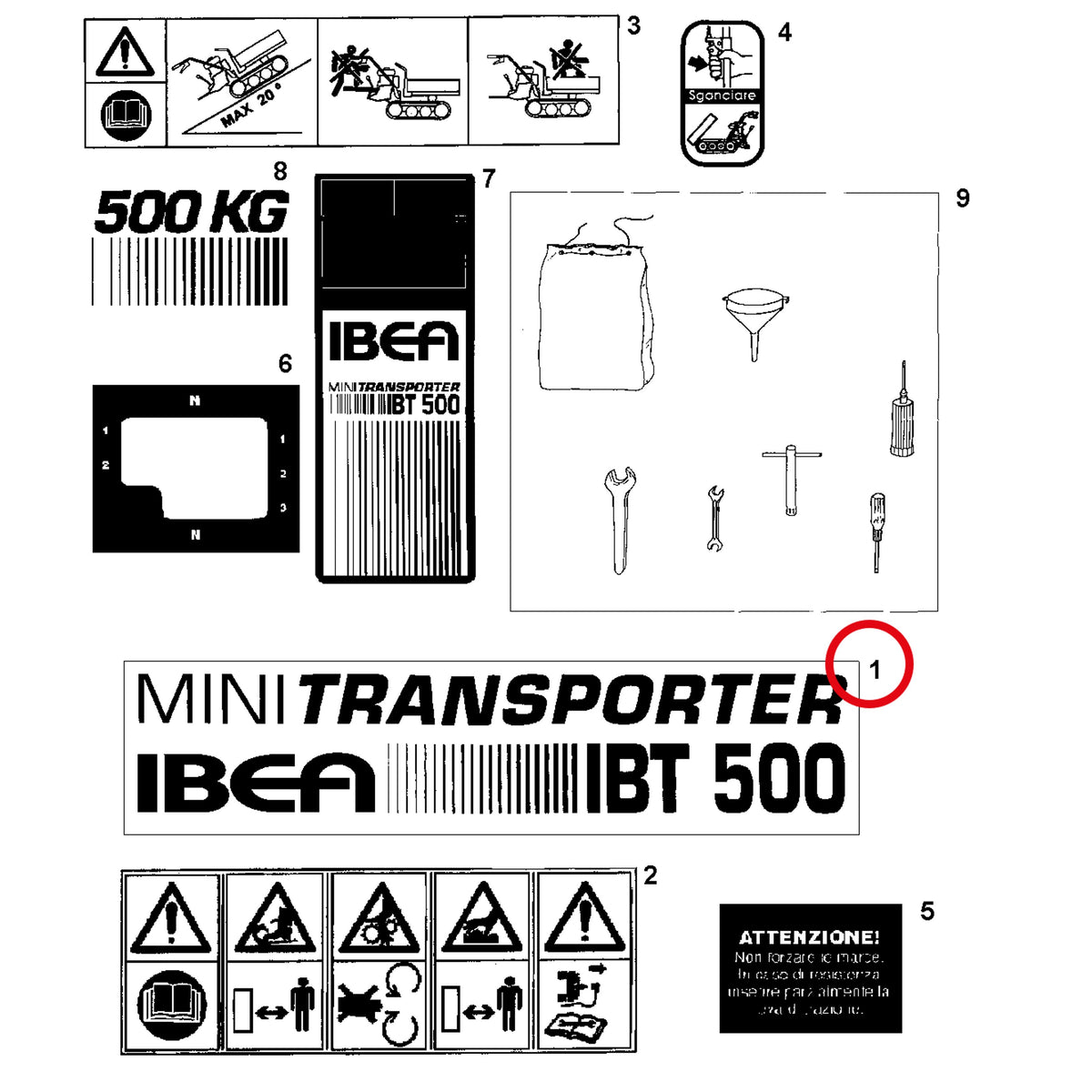Esploso «Decalcomania» del minitransporter Ibea IBT-500RDHZ, con la posizione 1 del ricambio P5140660