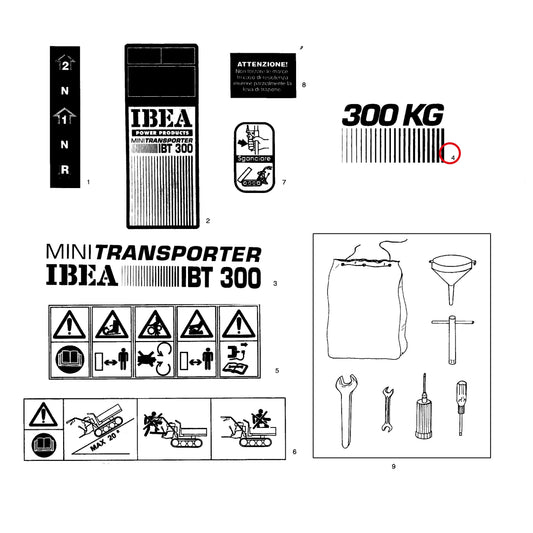 Esploso «Decalcomanie» del minitransporter Ibea IBT-300D, con la posizione 4 del ricambio P5140661