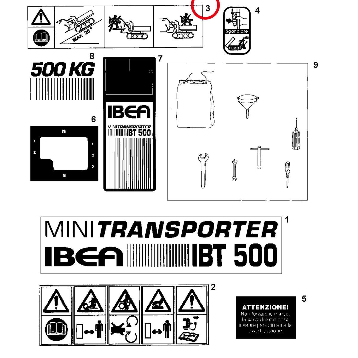 Esploso «Decalcomania» del minitransporter Ibea IBT-500RDHZ, con la posizione 3 del ricambio P5140663