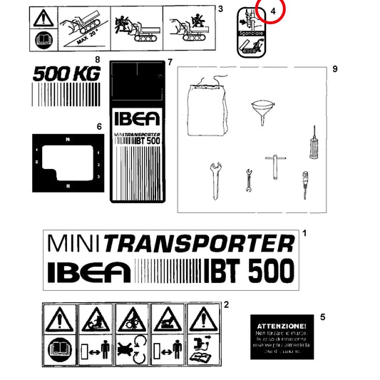 Esploso «Decalcomania» del minitransporter Ibea IBT-500RDHZ, con la posizione 4 del ricambio P5140664