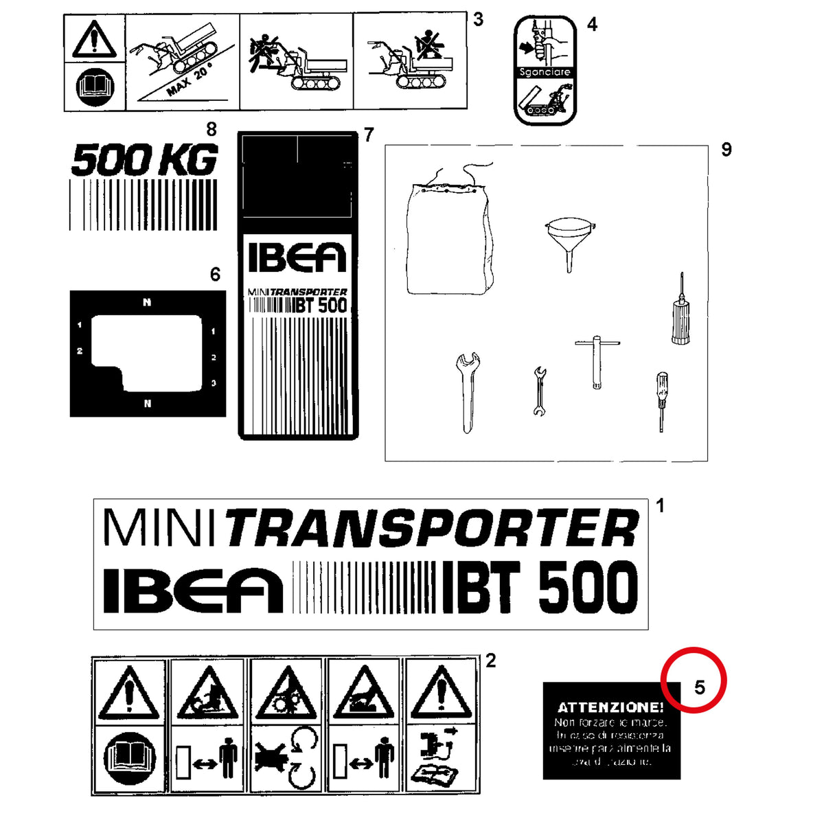 Esploso «Decalcomania» del minitransporter Ibea IBT-500RDHZ, con la posizione 5 del ricambio P5140665I