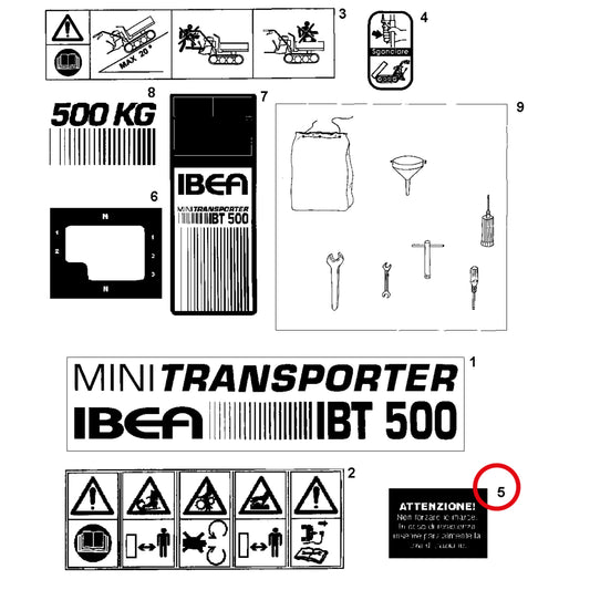 Esploso «Decalcomania» del minitransporter Ibea IBT-500RDHZ, con la posizione 5 del ricambio P5140665I