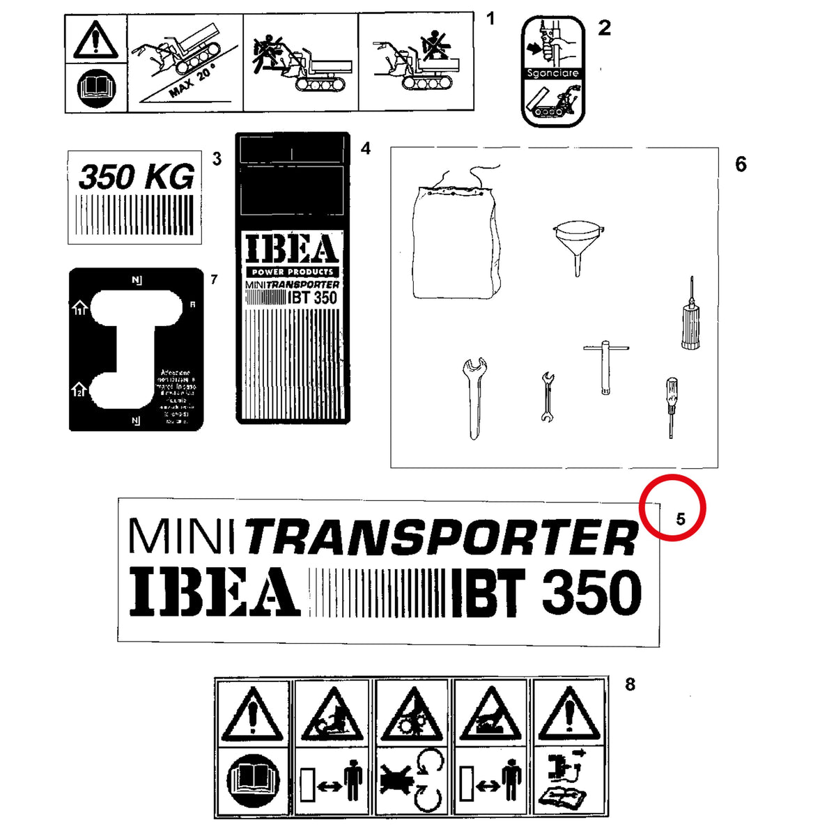 Esploso «Decalcomanie» del minitransporter Ibea IBT-350DH, con la posizione 5 del ricambio P5140730