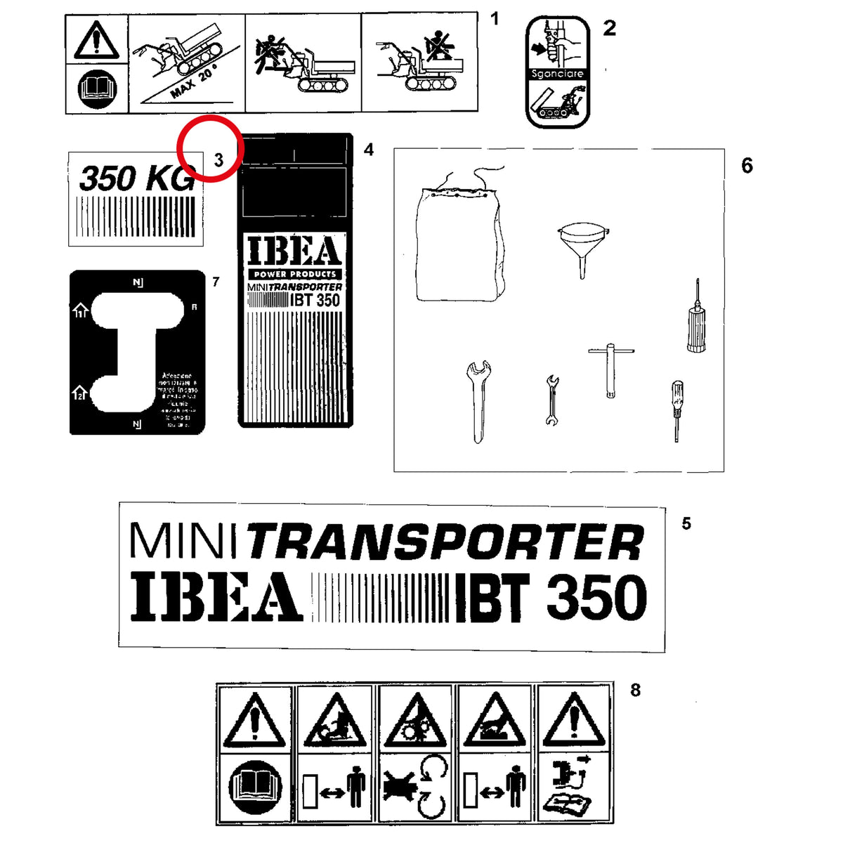 Esploso «Decalcomanie» del minitransporter Ibea IBT-350DH, con la posizione 3 del ricambio P5140731