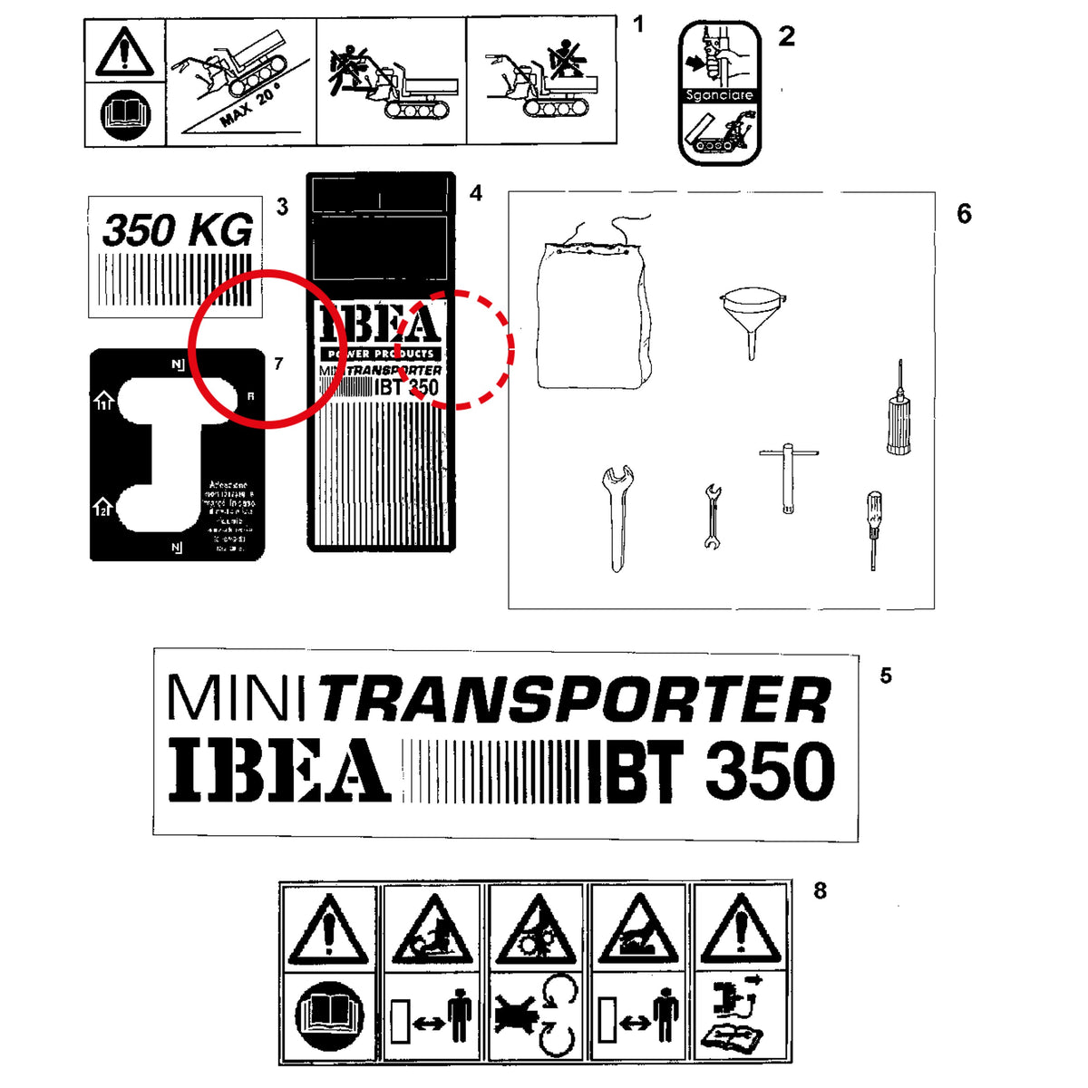 Esploso «Decalcomanie» del minitransporter Ibea IBT-350DH, con la posizione 7 del ricambio P5140772