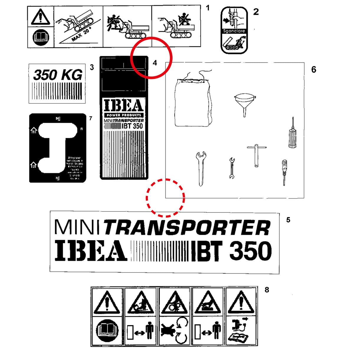 Esploso «Decalcomanie» del minitransporter Ibea IBT-350DH, con la posizione 4 del ricambio P5140773