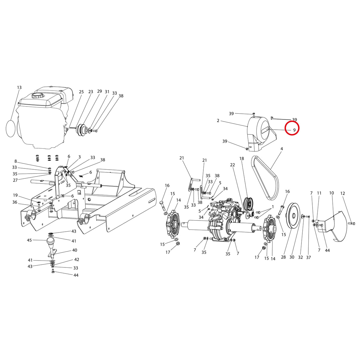 Esploso «Motore E trasmissione» del minitransporter Ibea IBT-301, con la posizione 9 del ricambio P5140993