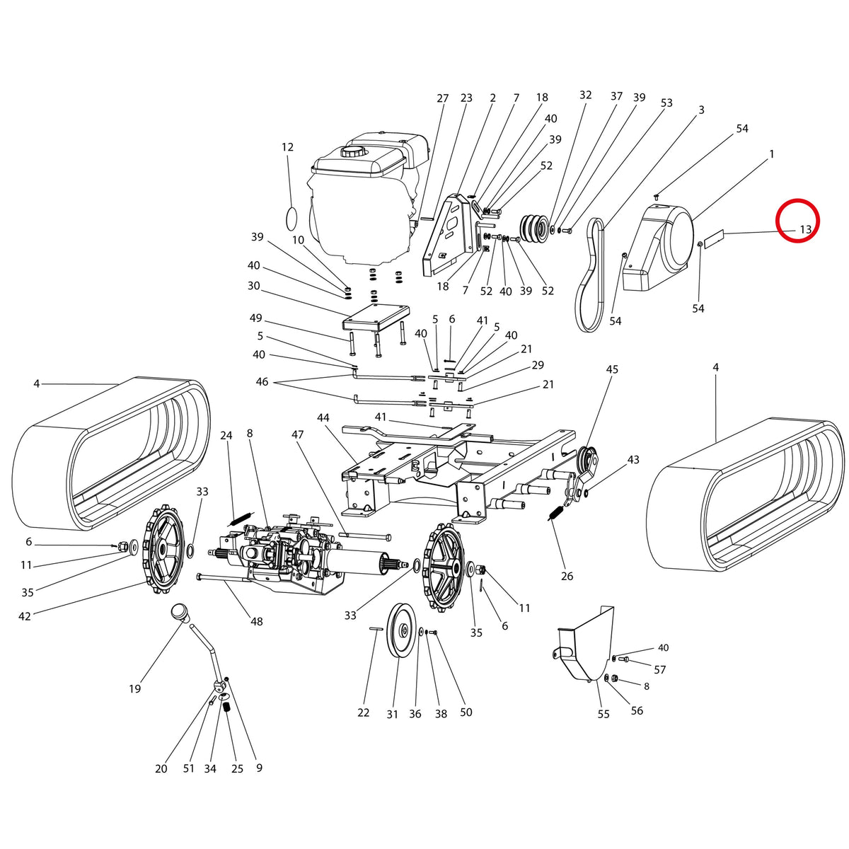 Esploso «Motore E trasmissione» del minitransporter Ibea IBT-401, con la posizione 13 del ricambio P5141000