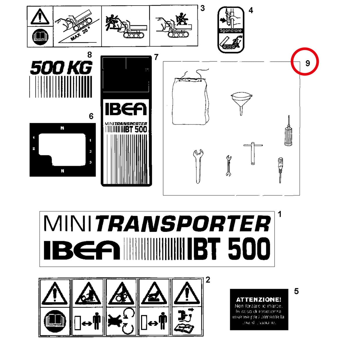 Esploso «Decalcomania» del minitransporter Ibea IBT-500RDHZ, con la posizione 9 del ricambio P5160011