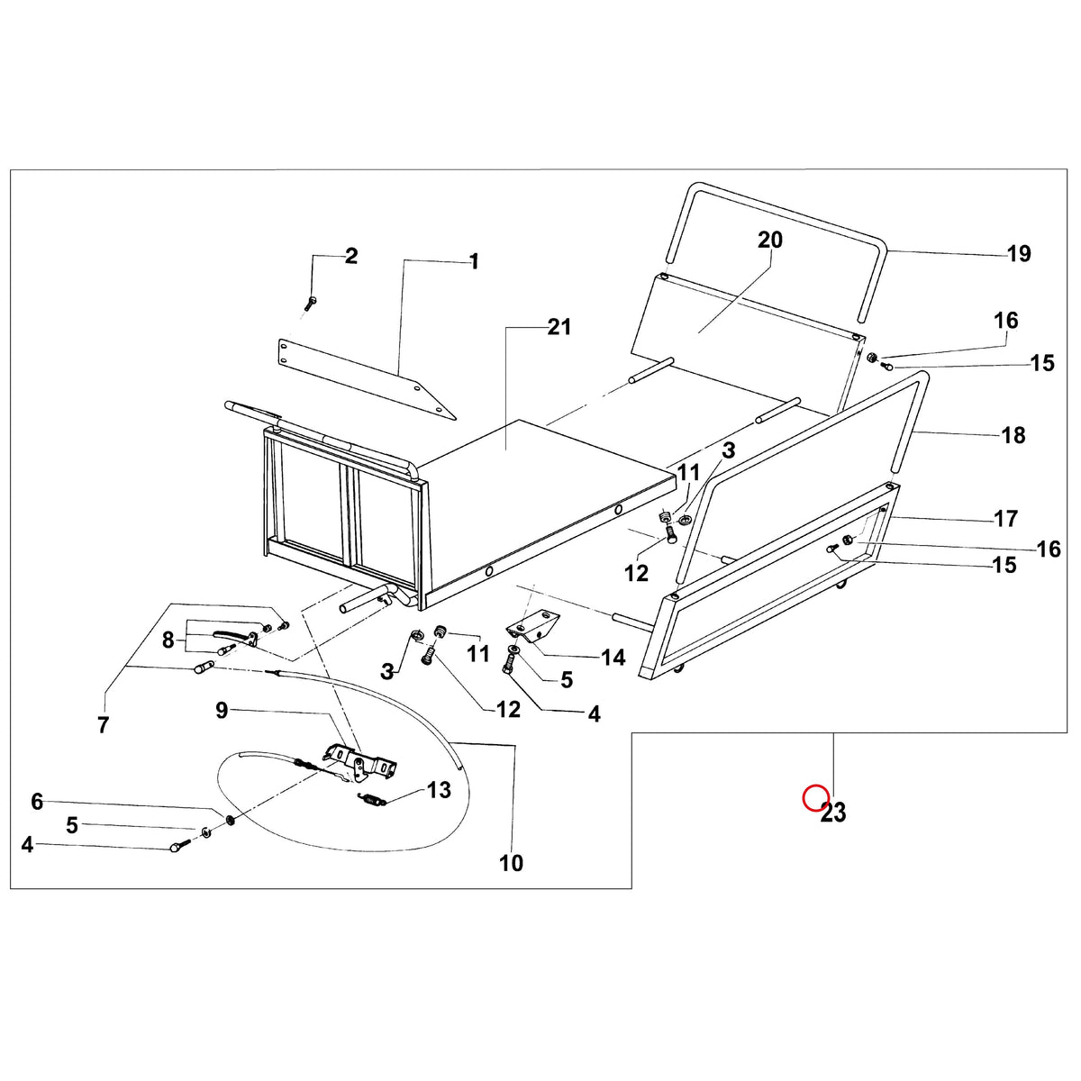 Esploso «Cassone estensibile» del minitransporter Ibea IBT-500RH, con la posizione 23 del ricambio P5170011