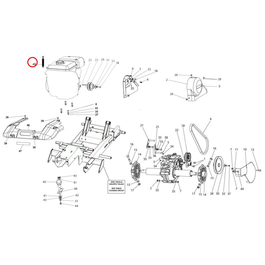 Esploso «Gruppo motore trasmissione» del minitransporter Ibea IBT-4001DHZ, con la posizione 49 del ricambio PTT096900