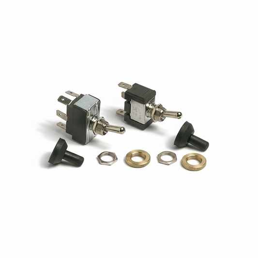 Interruttore a levetta in metallo per quadri elettrici nautici e automotive, disponibile in varie funzioni.