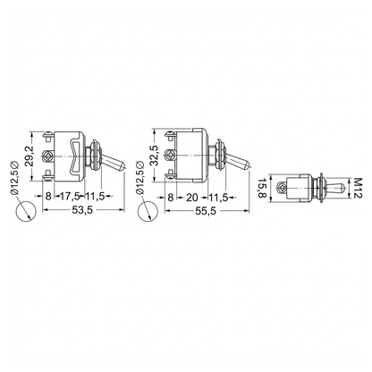 Interruttore a levetta in metallo per quadri elettrici nautici e automotive, disponibile in varie funzioni.
