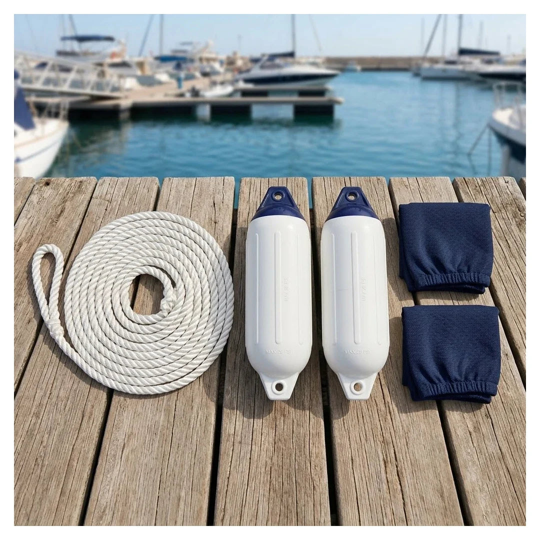 Kit ormeggio completo per barca: cima da ormeggio Gherlino bianca a 3 lignoli, due parabordi Heavy Duty bianchi e due copriparabordi Navishell blu navy, disposti su un pontile di legno.