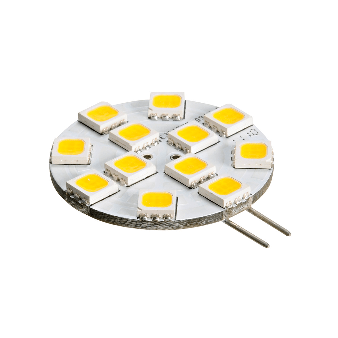 Lampadina LED rotonda con attacco G4 a due pin, luce calda 2700K per nautica e camper.