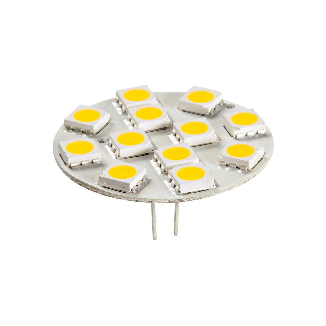 Lampadina LED rotonda con attacco G4 a due pin, luce calda 2700K per nautica e camper.