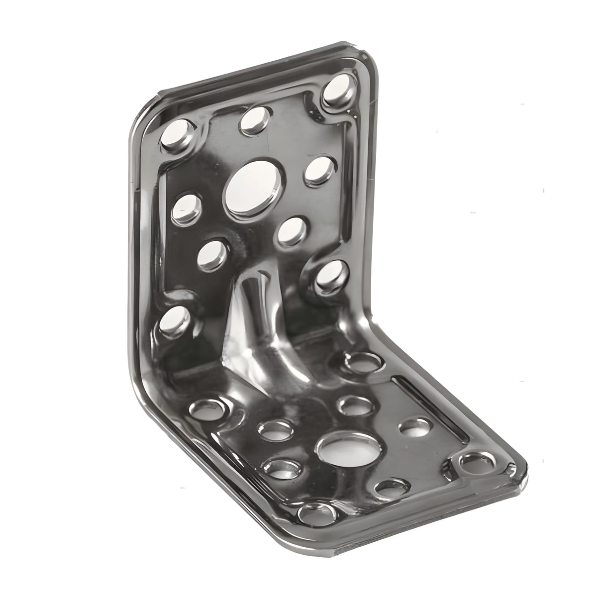 Lastrina di giunzione angolare pesante (HD) forata in acciaio inox AISI 316 stampato, spessore 2 mm, per impieghi nautici.